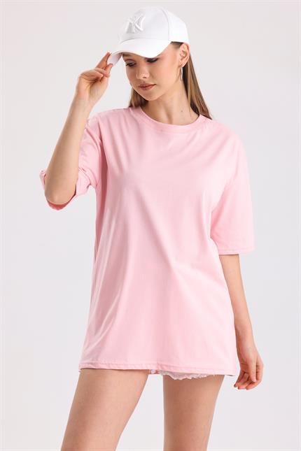 Sırt Baskılı Pamuklu Oversize Tişört - Pembe
