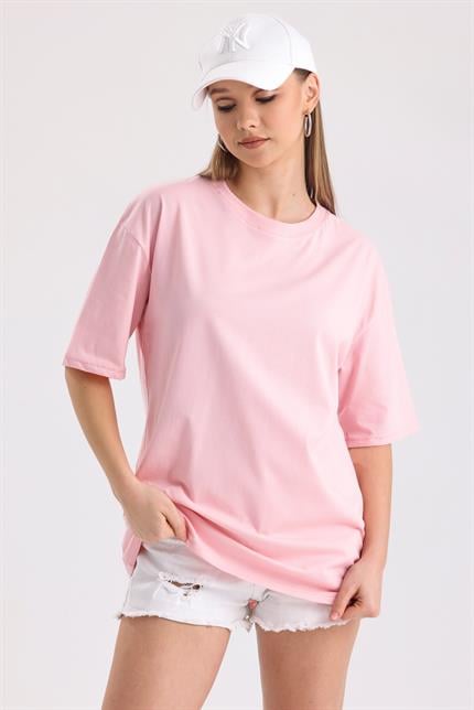 Sırt Baskılı Pamuklu Oversize Tişört - Pembe