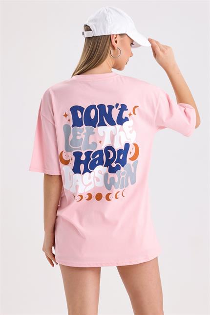 Sırt Baskılı Pamuklu Oversize Tişört - Pembe