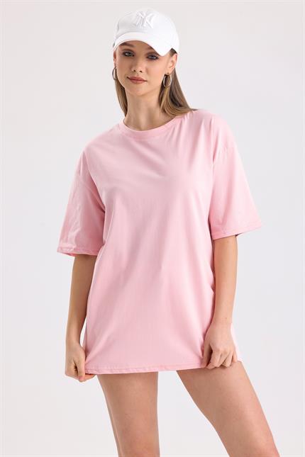 Sırt Baskılı Pamuklu Oversize Tişört - Pembe