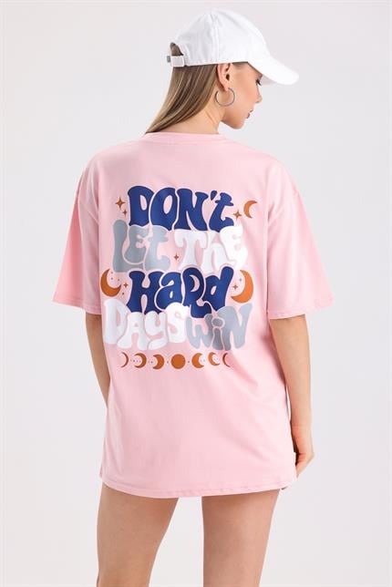 Sırt Baskılı Pamuklu Oversize Tişört - Pembe