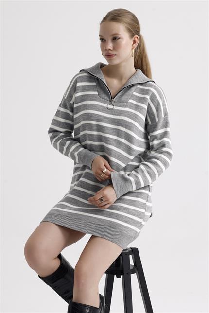 Yakası Fermuarlı Çizgili Oversize Triko Elbise Kazak - Gri