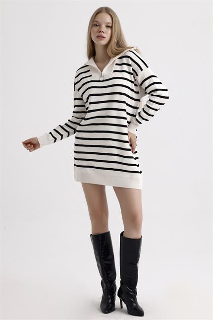 Yakası Fermuarlı Çizgili Oversize Triko Elbise Kazak - Ekru