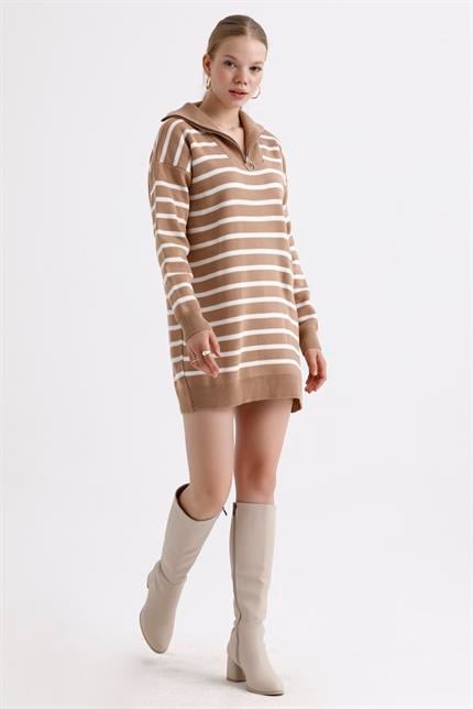 Yakası Fermuarlı Çizgili Oversize Triko Elbise Kazak - Sütlü Kahve