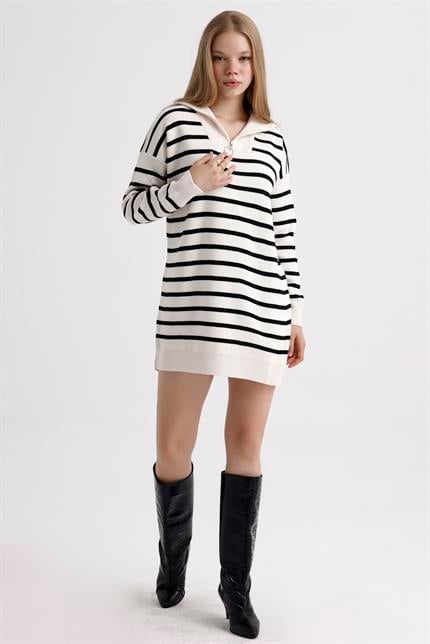 Yakası Fermuarlı Çizgili Oversize Triko Elbise Kazak - Ekru