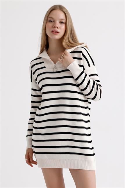 Yakası Fermuarlı Çizgili Oversize Triko Elbise Kazak - Ekru