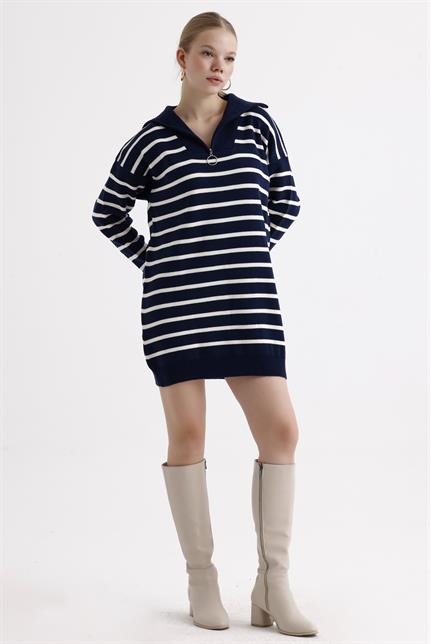Yakası Fermuarlı Çizgili Oversize Triko Elbise Kazak - Lacivert