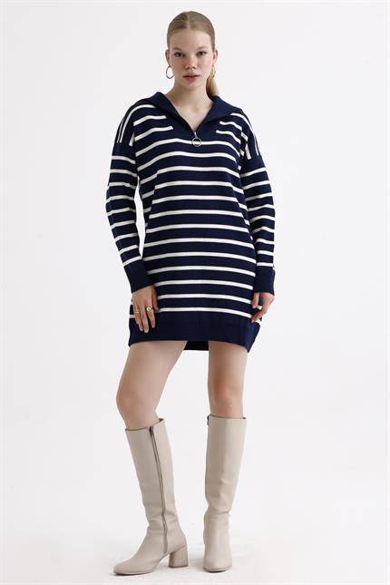 Yakası Fermuarlı Çizgili Oversize Triko Elbise Kazak - Lacivert