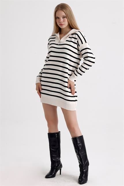 Yakası Fermuarlı Çizgili Oversize Triko Elbise Kazak - Ekru