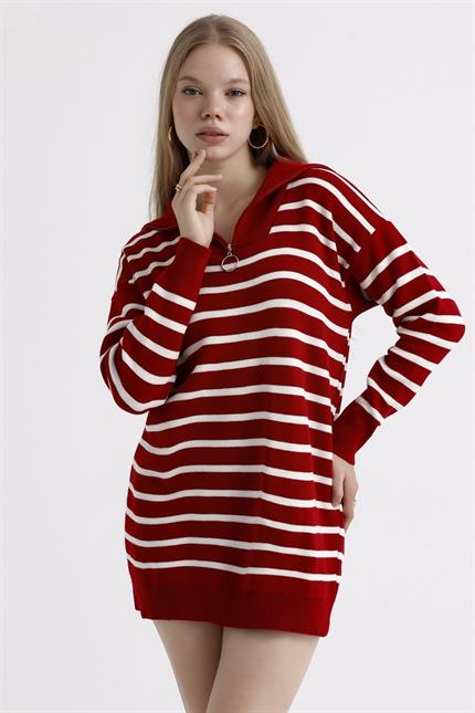 Yakası Fermuarlı Çizgili Oversize Triko Elbise Kazak - Kırmızı