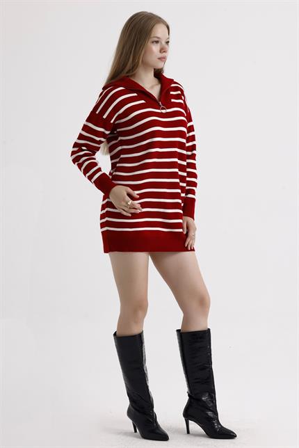 Yakası Fermuarlı Çizgili Oversize Triko Elbise Kazak - Kırmızı