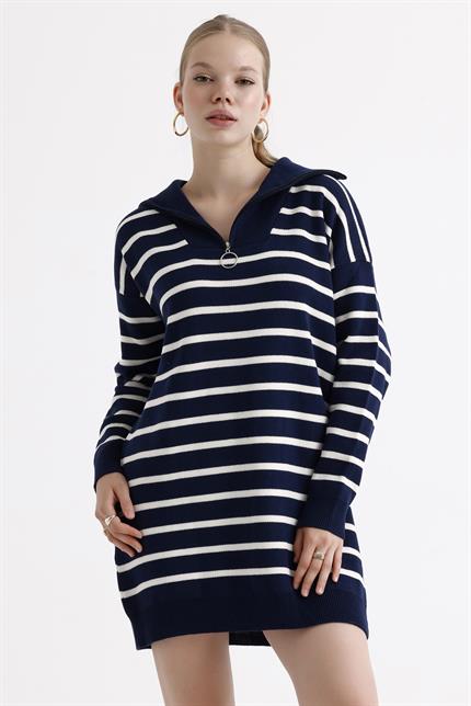 Yakası Fermuarlı Çizgili Oversize Triko Elbise Kazak - Lacivert
