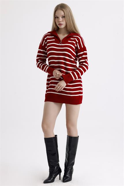 Yakası Fermuarlı Çizgili Oversize Triko Elbise Kazak - Kırmızı