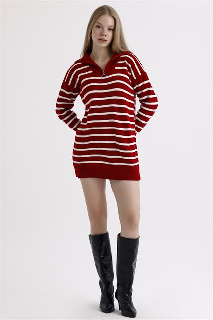 Yakası Fermuarlı Çizgili Oversize Triko Elbise Kazak - Kırmızı
