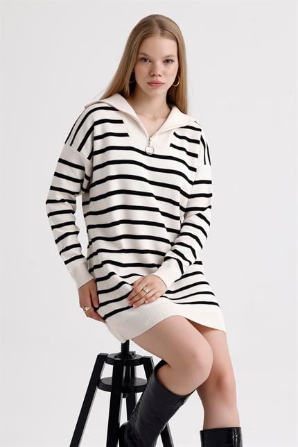 Yakası Fermuarlı Çizgili Oversize Triko Elbise Kazak - Ekru