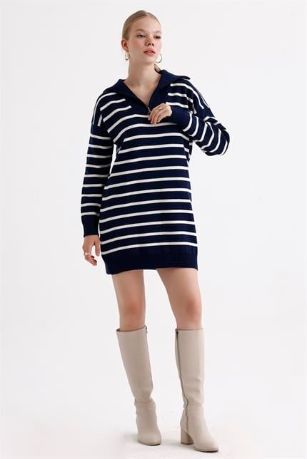 Yakası Fermuarlı Çizgili Oversize Triko Elbise Kazak - Lacivert