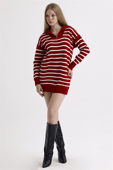Yakası Fermuarlı Çizgili Oversize Triko Elbise Kazak - Kırmızı