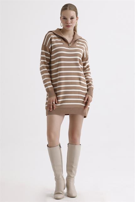 Yakası Fermuarlı Çizgili Oversize Triko Elbise Kazak - Sütlü Kahve