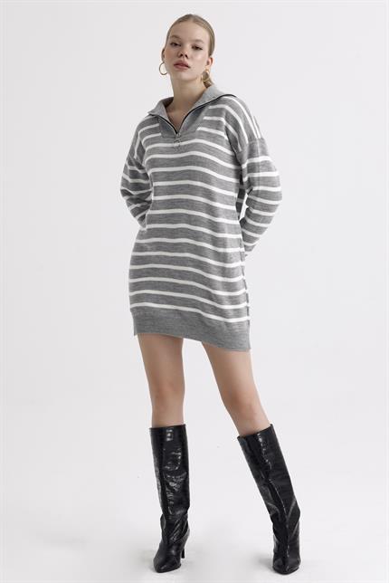 Yakası Fermuarlı Çizgili Oversize Triko Elbise Kazak - Gri