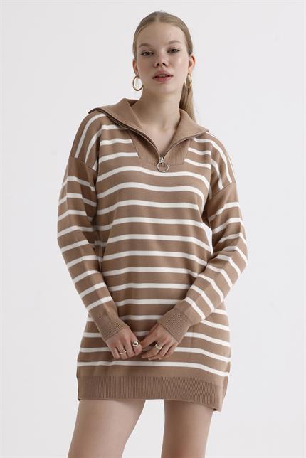 Yakası Fermuarlı Çizgili Oversize Triko Elbise Kazak - Sütlü Kahve
