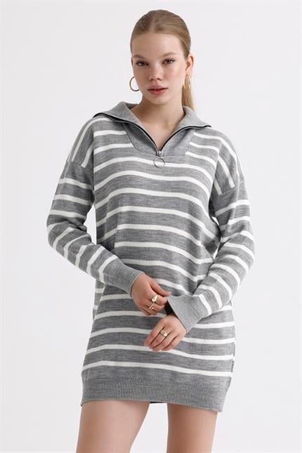 Yakası Fermuarlı Çizgili Oversize Triko Elbise Kazak - Gri