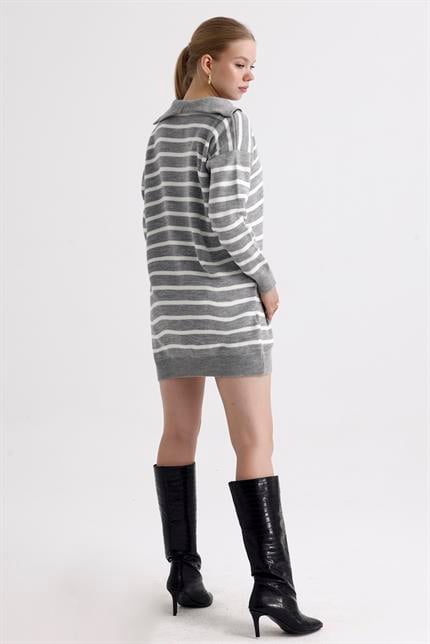 Yakası Fermuarlı Çizgili Oversize Triko Elbise Kazak - Gri