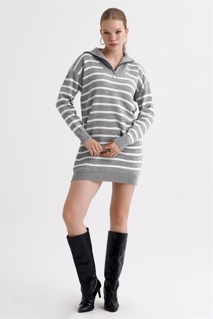 Yakası Fermuarlı Çizgili Oversize Triko Elbise Kazak - Gri
