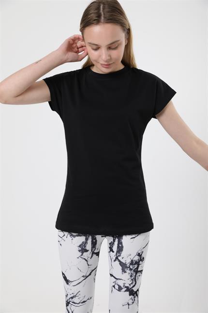 Yarasa Kollu Pamuklu Basic T-Shirt - Siyah