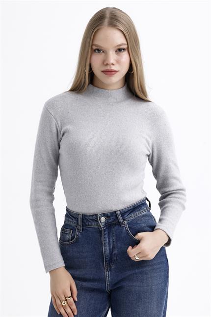 Yarım Balıkçı Yaka Şardonlu Fitilli Kazak - Gri