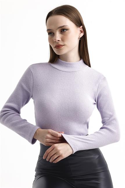 Yarım Balıkçı Yaka Şardonlu Fitilli Kazak - Lila