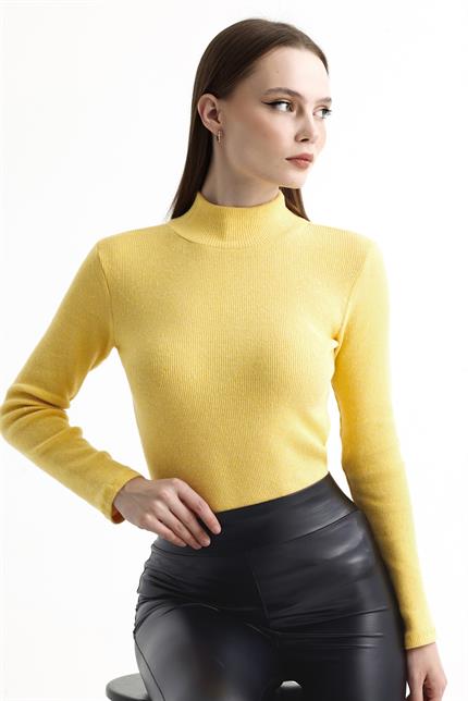 Yarım Balıkçı Yaka Şardonlu Fitilli Kazak - Sarı