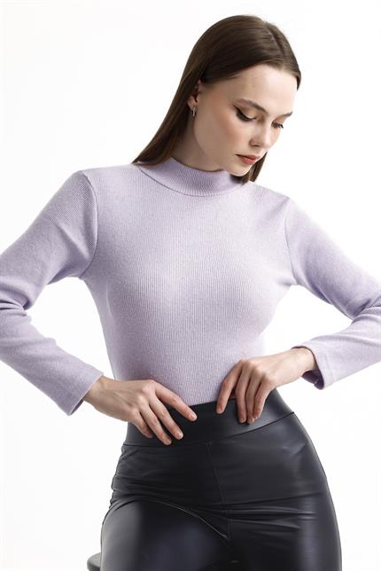 Yarım Balıkçı Yaka Şardonlu Fitilli Kazak - Lila