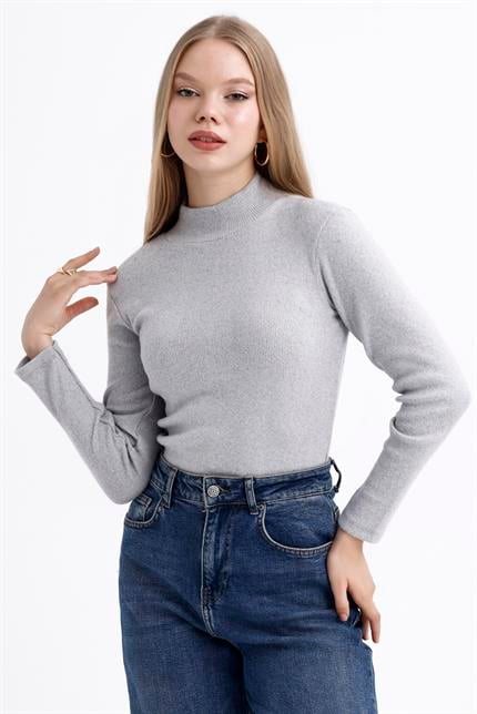 Yarım Balıkçı Yaka Şardonlu Fitilli Kazak - Gri