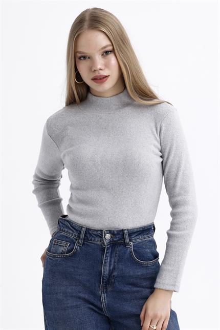 Yarım Balıkçı Yaka Şardonlu Fitilli Kazak - Gri