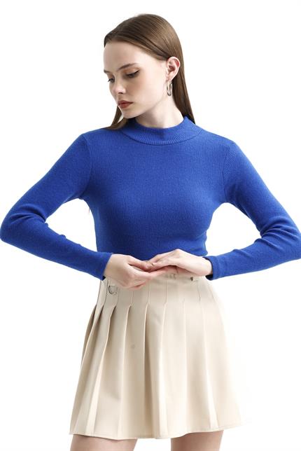 Yarım Balıkçı Yaka Şardonlu Fitilli Kazak - Saks