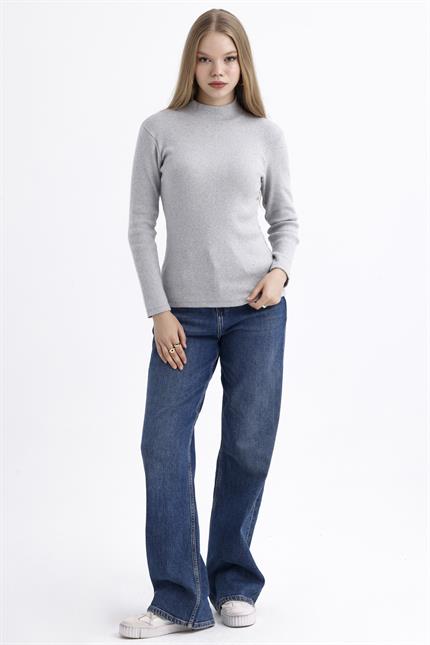 Yarım Balıkçı Yaka Şardonlu Fitilli Kazak - Gri