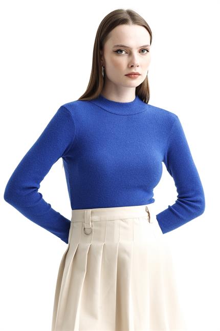 Yarım Balıkçı Yaka Şardonlu Fitilli Kazak - Saks