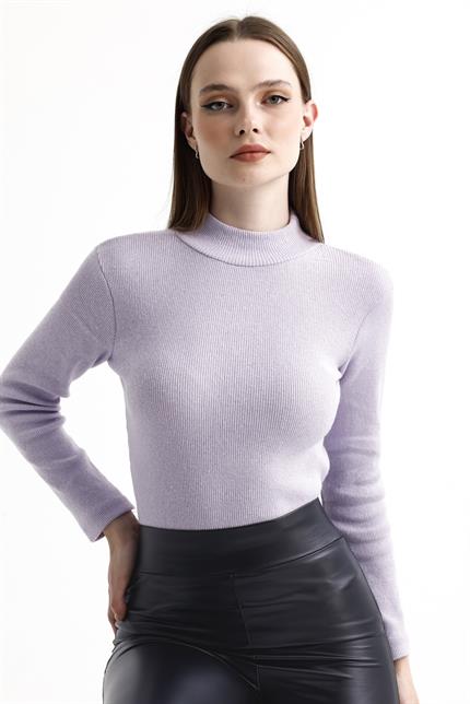 Yarım Balıkçı Yaka Şardonlu Fitilli Kazak - Lila