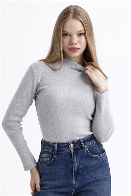 Yarım Balıkçı Yaka Şardonlu Fitilli Kazak - Gri