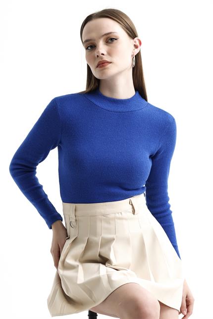 Yarım Balıkçı Yaka Şardonlu Fitilli Kazak - Saks