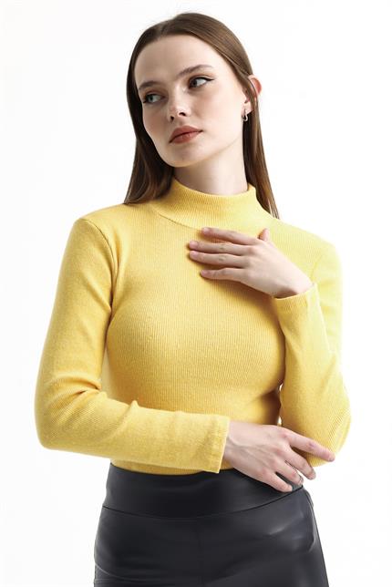 Yarım Balıkçı Yaka Şardonlu Fitilli Kazak - Sarı