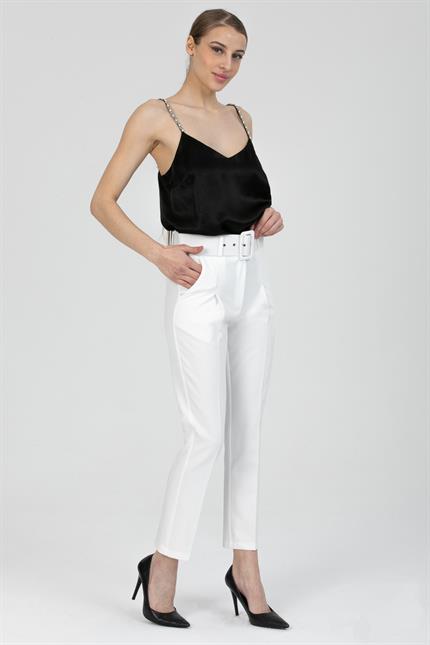 Yüksek Bel Kemerli Pileli Klasik Havuç Pantolon - Ekru