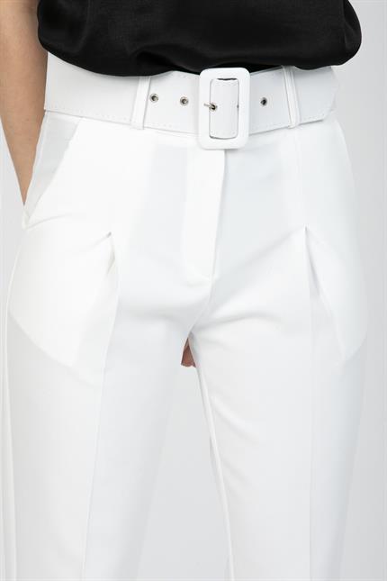 Yüksek Bel Kemerli Pileli Klasik Havuç Pantolon - Ekru