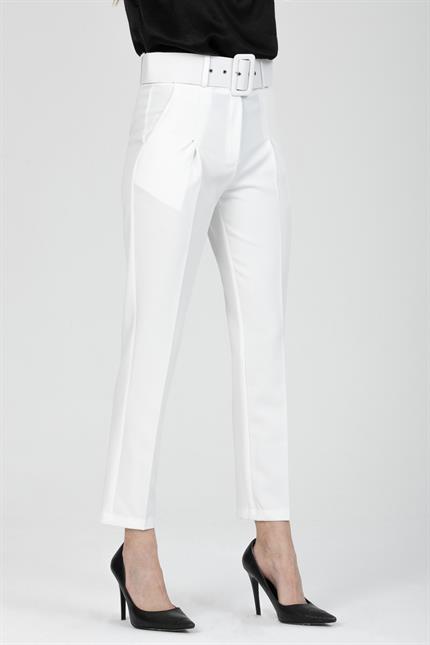 Yüksek Bel Kemerli Pileli Klasik Havuç Pantolon - Ekru