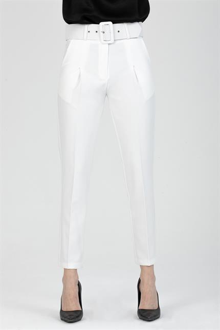 Yüksek Bel Kemerli Pileli Klasik Havuç Pantolon - Ekru