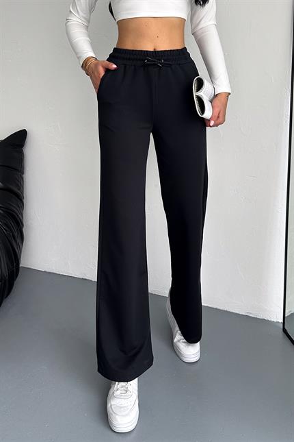 Yüksek Bel Kompakt Penye Yumuşak Dokulu Palazzo Eşofman - Siyah