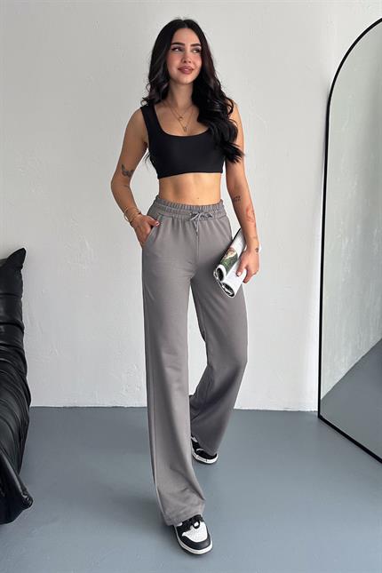 Yüksek Bel Kompakt Penye Yumuşak Dokulu Palazzo Eşofman - Füme