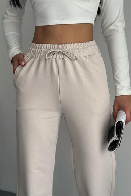 Yüksek Bel Kompakt Penye Yumuşak Dokulu Palazzo Eşofman - Taş