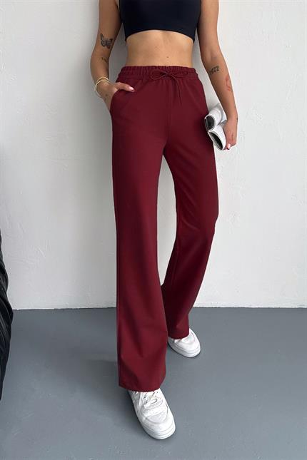 Yüksek Bel Kompakt Penye Yumuşak Dokulu Palazzo Eşofman - Bordo