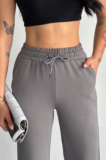 Yüksek Bel Kompakt Penye Yumuşak Dokulu Palazzo Eşofman - Füme